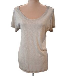 Gigi Moda Italy Medium Grey Knit Top Silver Metallic Trim Scoop Neck Lightweight